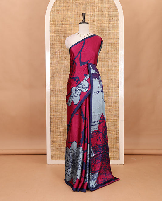 Purple painting-style  floral printed gajji silk saree, contrast piping border, printed pallu & contrast plain blouse