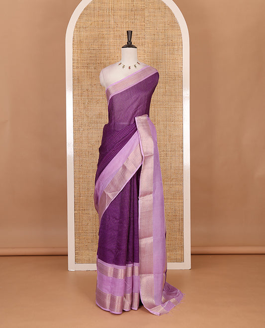 Violet Checked saree with contrast zari border and contrast striped pallu along with contrast blouse