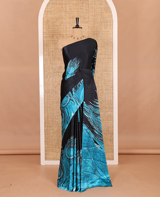 Borderless black and blue peacock feathers style abstract printed Gajji silk saree, peacock feathers printed pallu, and a contrast printed blouse