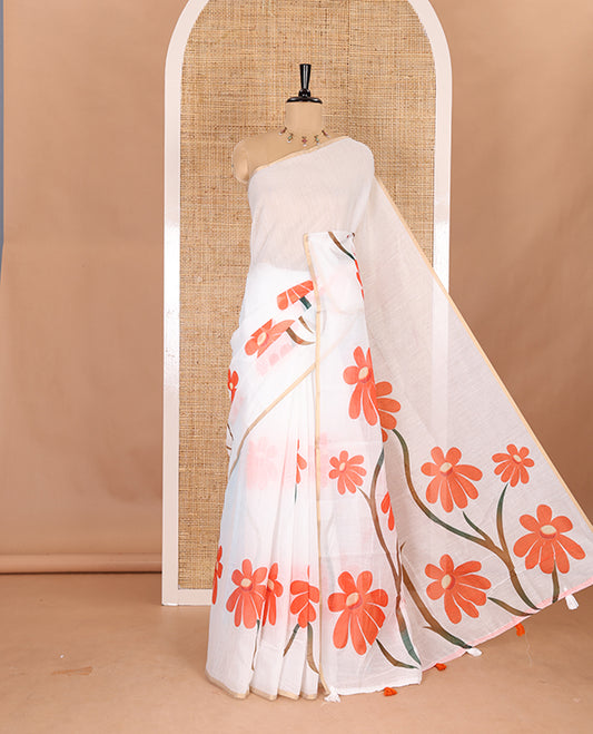 Borderless white floral design chanderi cotton saree , floral vine printed pallu and small floral printed blouse
