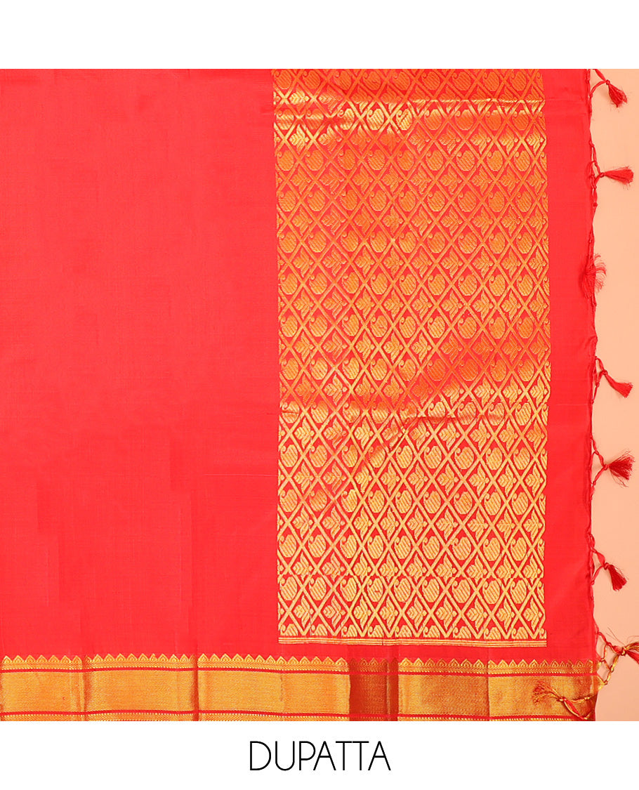 Dark Violet Pure Silk Half-Saree Beautified with Zari Buttas on Its Skirt, Complemented by a Zari Border Featuring Thilakam Mokku, Rettai Nelli, and Mayil Kann Designs, Comes with a Contrast Blouse and a Dhavani of Butta Enclosed Jaal Designs