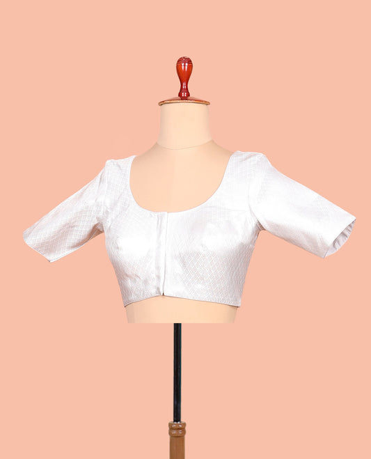 Silver jaal patterned front-back round neck elbow-sleeve readymade blouse