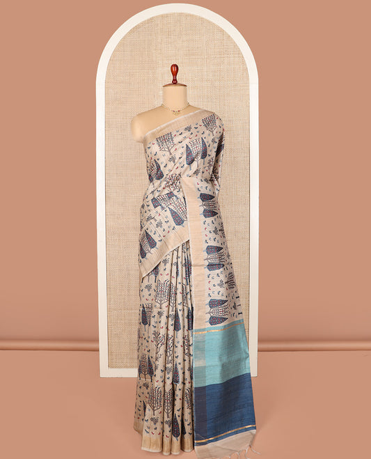 Light sandal bird and floral motifs printed tussar silk saree, bavanji border, and double-color plain pallu