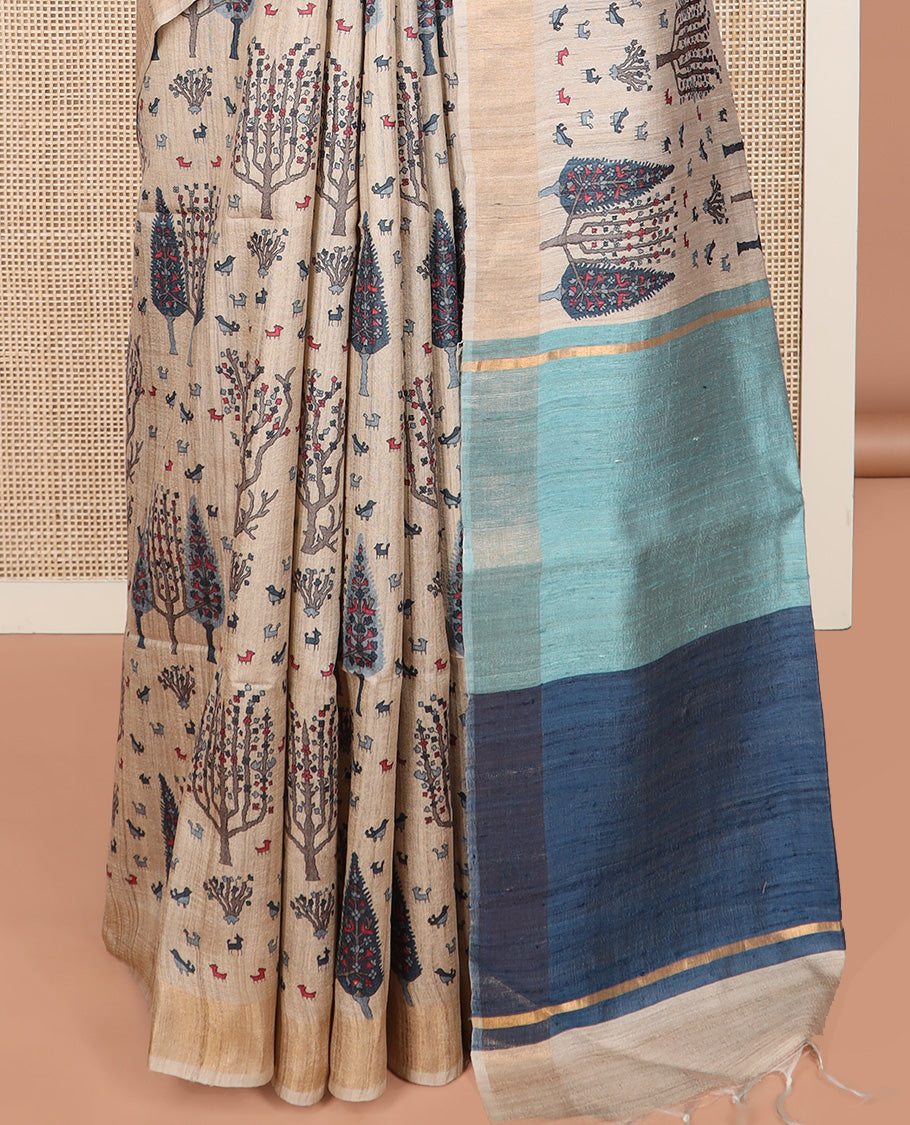 Light sandal bird and floral motifs printed tussar silk saree, bavanji border, and double-color plain pallu
