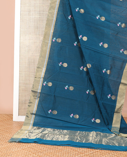 Blue floral motifs chanderi cotton saree with contrast zari design border & striped pallu