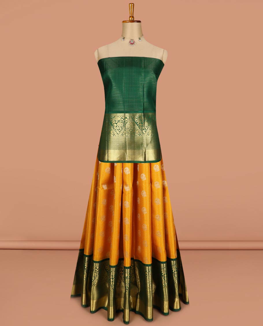 Yellow pure-silk half-saree with buttas, checks, and embossed design skirt, contrast traditional kanchi border, contrast zari design blouse, and a manga motifs woven dhavani