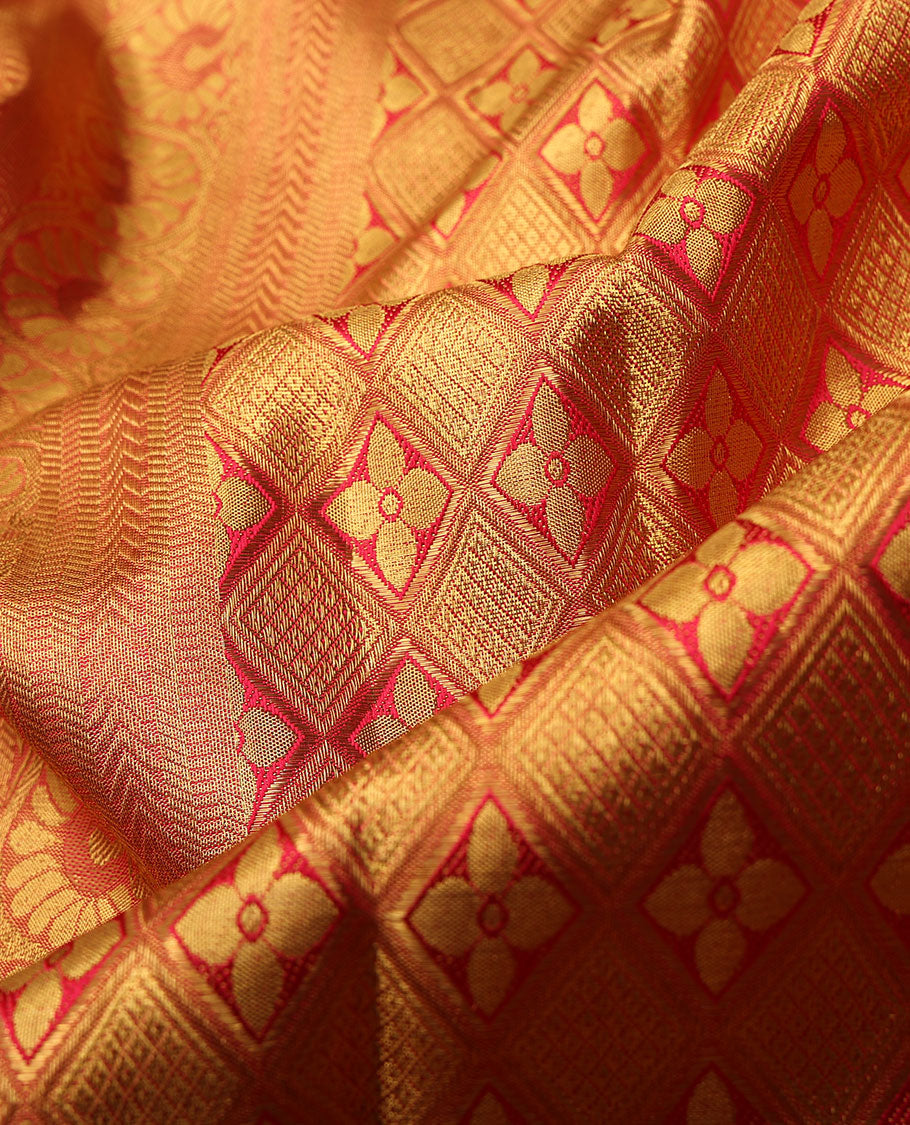 Pink floral jaal jacquard silk saree, contrast floral jaal & kili motifs meenakari zari border & kodi visiry & jaal pallu