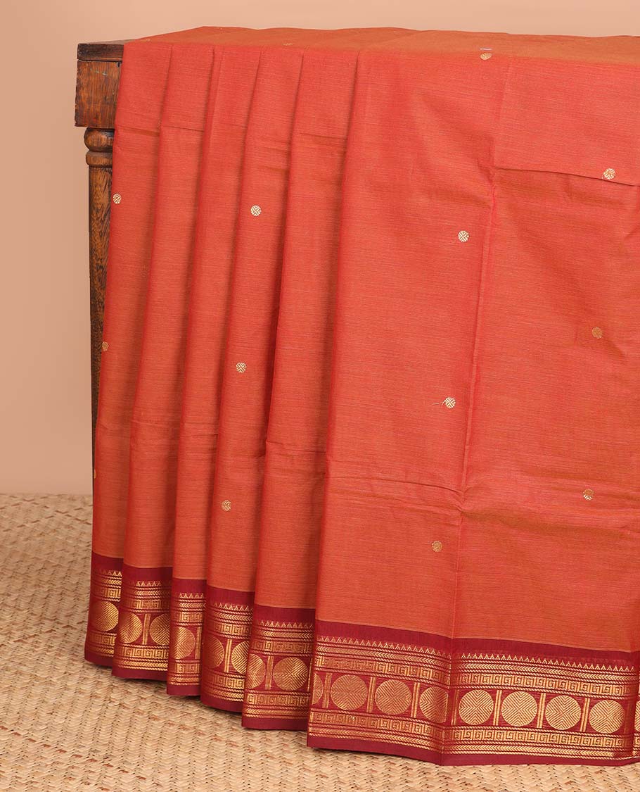 Brown chettinad cotton saree with contrast rudraksh pad border