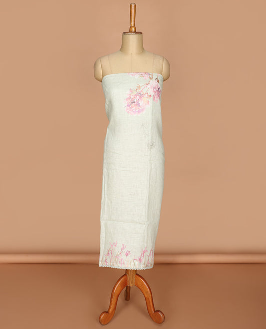 pista green with peach floral print pure linen chudidhar material top with cotton pant & kora cotton floral print dupatta