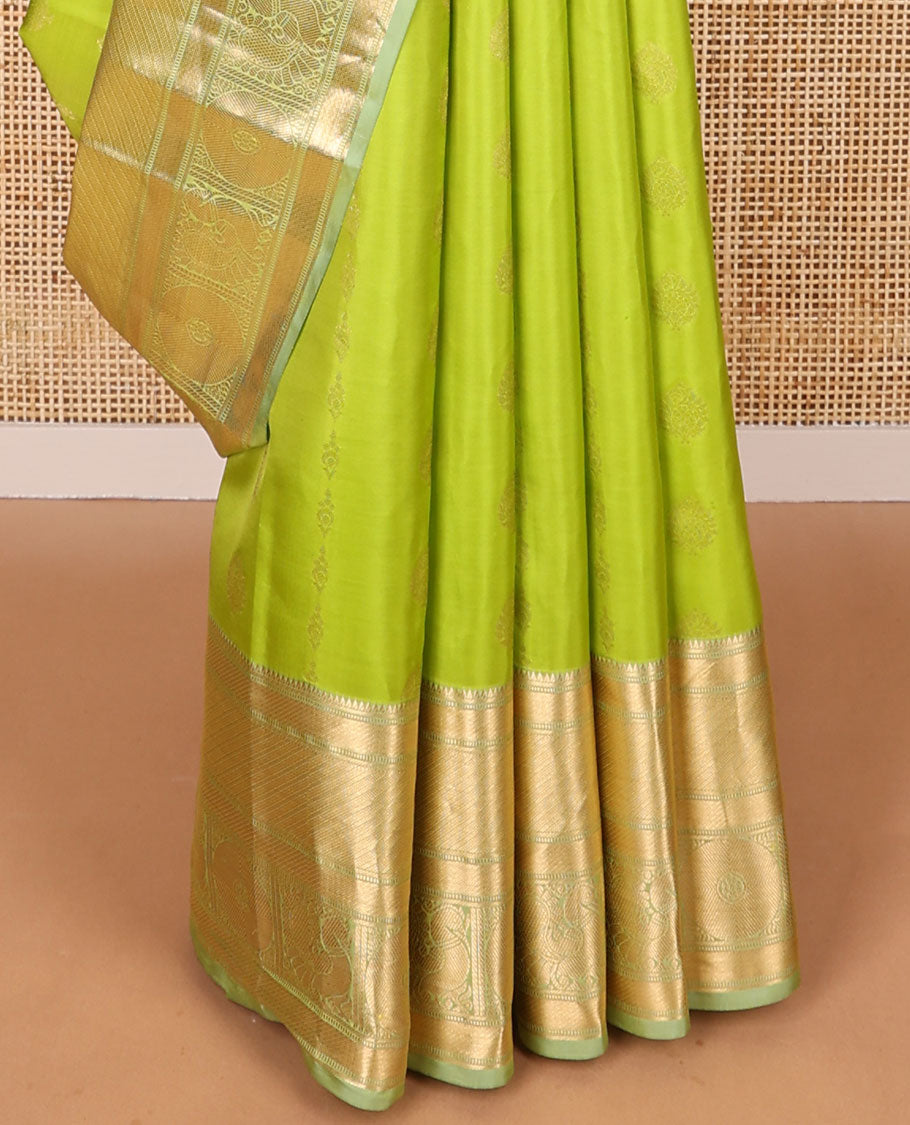 Light green floral design vasundhara elite silk saree with contrast zari design border & checked floral design pallu