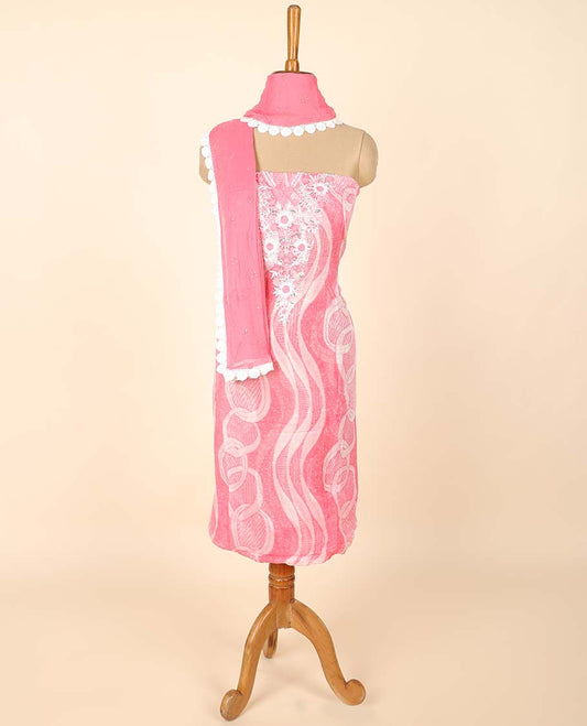 Pink material chudidhar set, unique print & embroidered top, plain bottom & embroidered dupatta