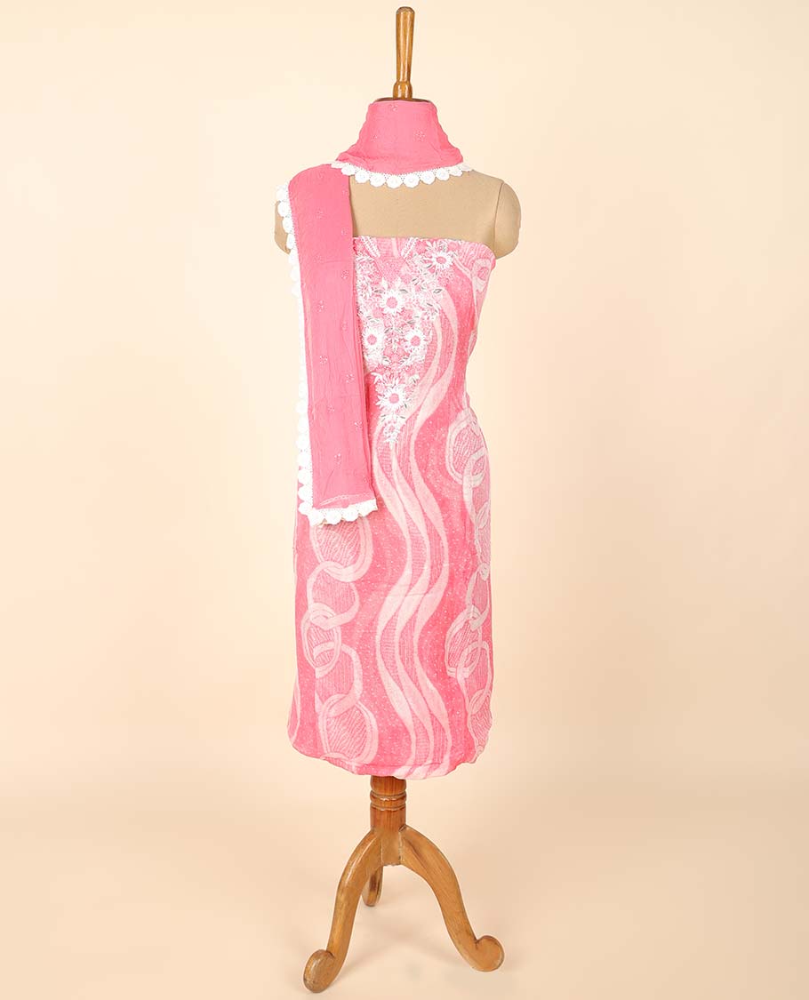 Pink material chudidhar set, unique print & embroidered top, plain bottom & embroidered dupatta