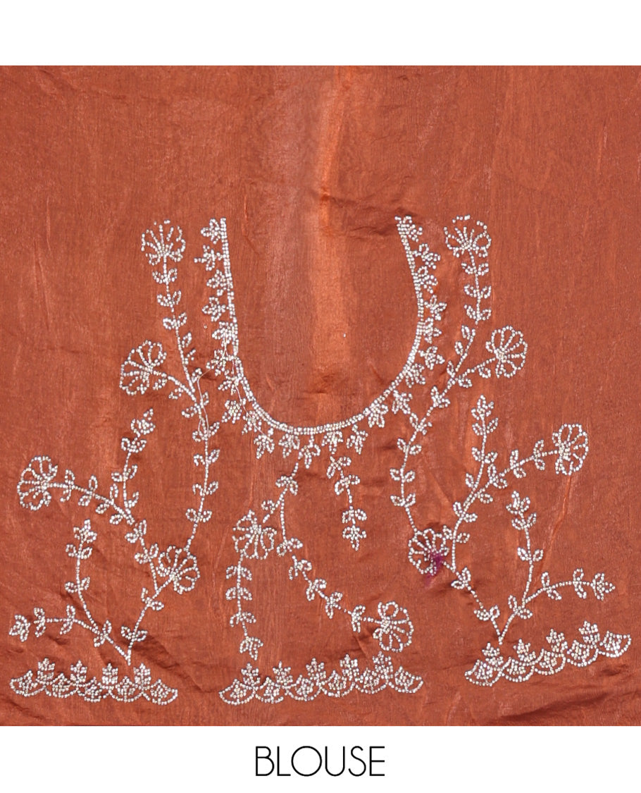 Maroon Fendy Chiffon Saree, Highlighted by Swarovski Stone Work All Over the Body, Gleaming Swarovski Stone Work Border, a Self-Pallu, and Paired with a Fancy Designer Blouse