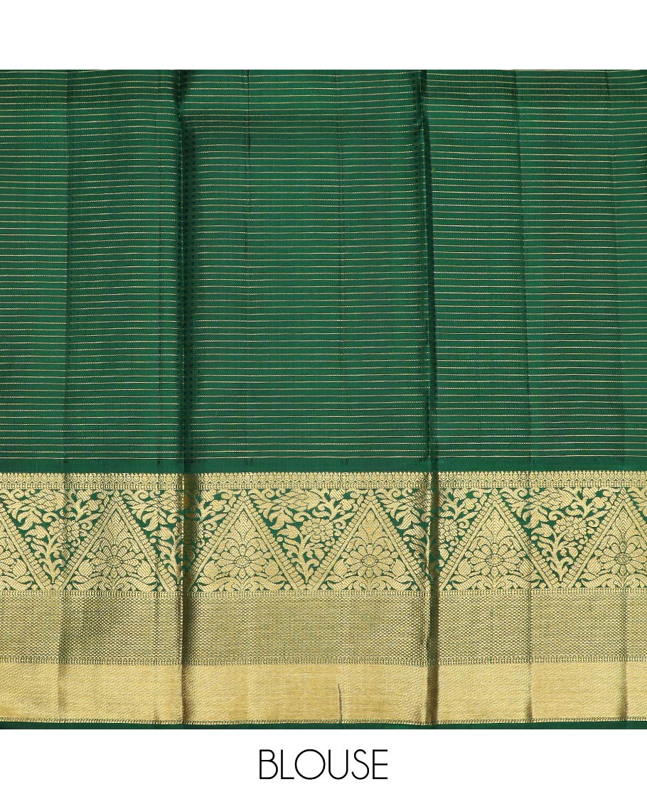 Yellow pure-silk half-saree with buttas, checks, and embossed design skirt, contrast traditional kanchi border, contrast zari design blouse, and a manga motifs woven dhavani