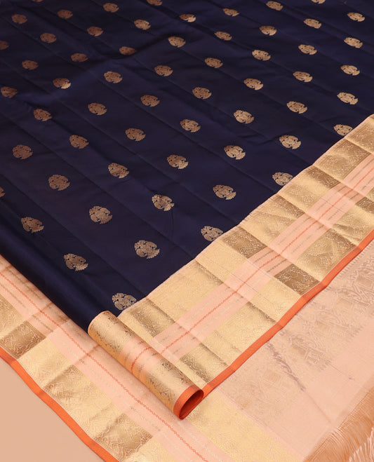 Blue Vasundhara Silk Saree, Woven with Iruthalai Pakshi Buttas, a Contrast Border of Yaali Designs, a Subtly Sparkled Jaal Pallu, and a Contrast Blouse
