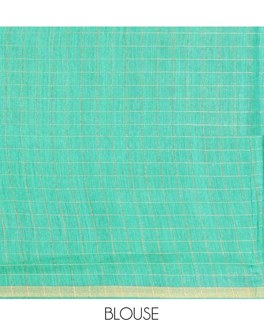 Brown Tussar Silk Saree, Woven with Checks, a Zari Piping Border, Contrast Zari Striped Pallu, and Contrast Blouse