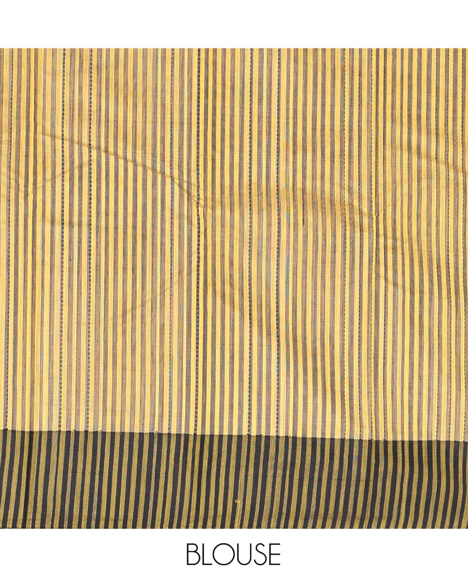 Yellow Semi-Silk Cotton Saree, Sparsely Sparkled with stripes All Over Its Body, complemented by a Contrast Border, Striped Pallu, and Paired with a Matching Blouse