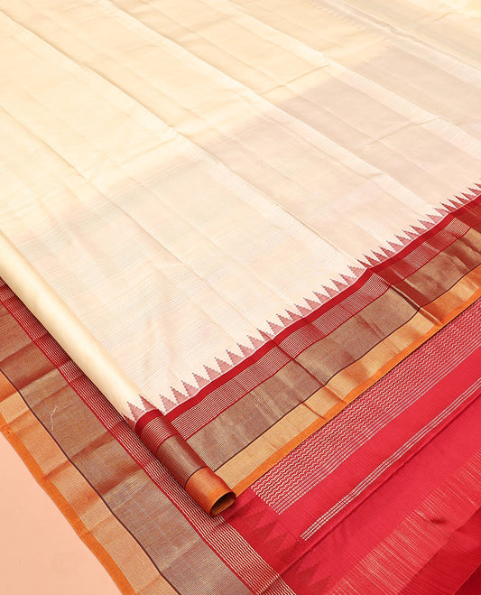 Cream-Striped Bangalore Silk Saree, Complemented by a Contrast Temple Geometric Border, Pallu of Temple and Neli Designs, and a Contrast Blouse