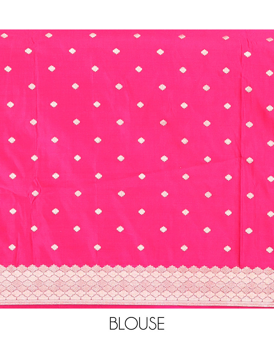 Pink-Multi-Color Mushru Silk Saree with Pochampally Weave, a Contrast Ogee Border, Grand Ogee-Patterned Pallu, and Contrast Blouse