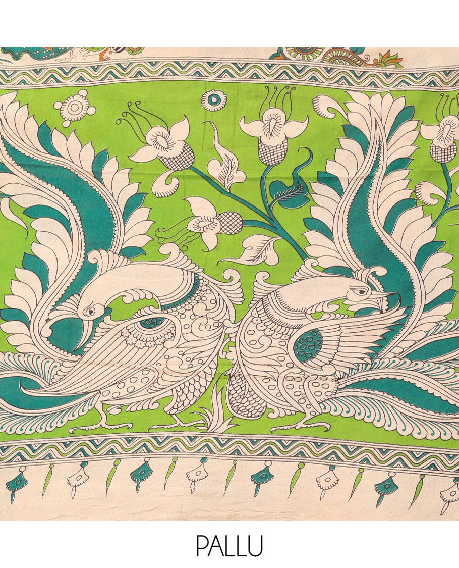 Sandal Kalamkari Cotton Saree, Accentuated with Ancient Human Motif Print, Contrast Printed Border, Kalamkari Peacock Motifs Pallu, and a Matching Blouse