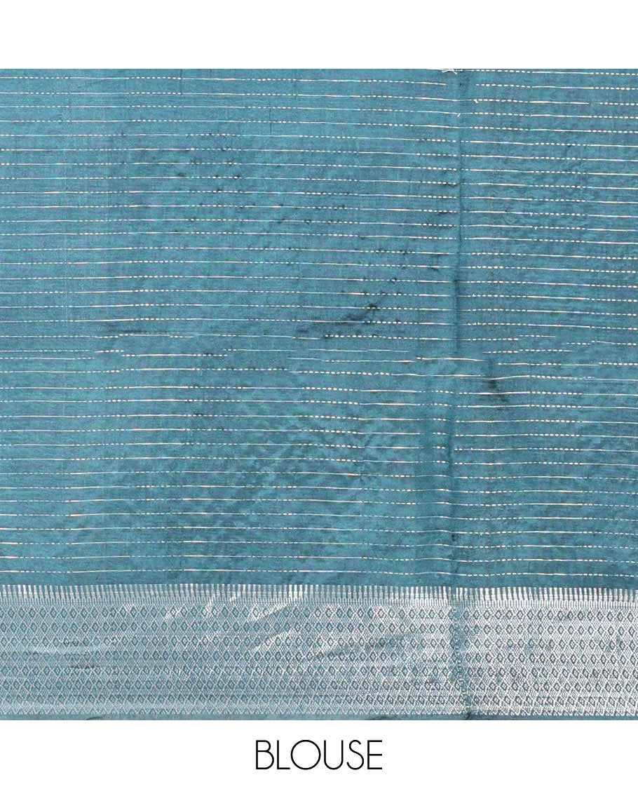 Blue Banana Pith Saree, Detailed with Zari Stripes All Over Its Body, Highlighted by Temple Border of Jaal Designs, Subtly Striped Pallu, and Paired with a Matching Blouse