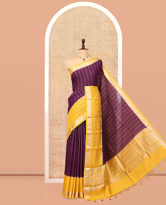 Purple Assam Silk Saree, Richly Detailed with Zari Checks, Complemented by a Contrast Traditional Zari Border, Zari Striped Pallu, and a Contrast Blouse