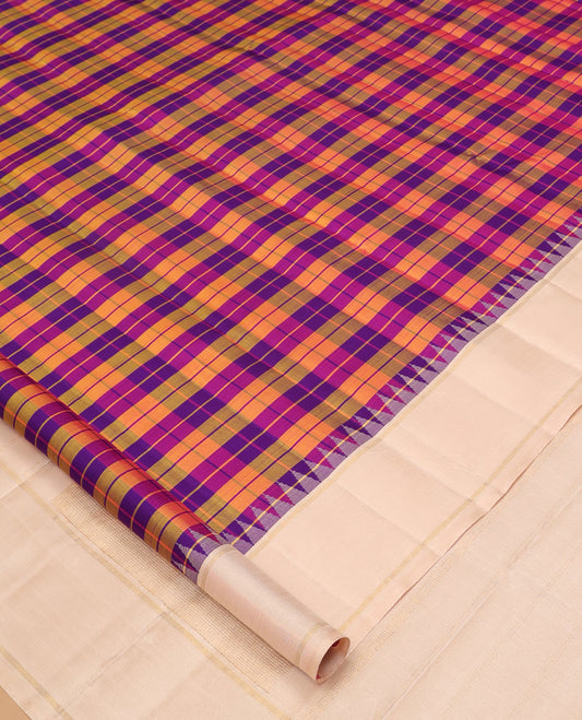 Multi-Color Checked Kanchipuram Silk Saree, Complemented by a Contrast Bodi Thazampoo Rekku Border, Zari Striped Pallu, and a Contrast Blouse