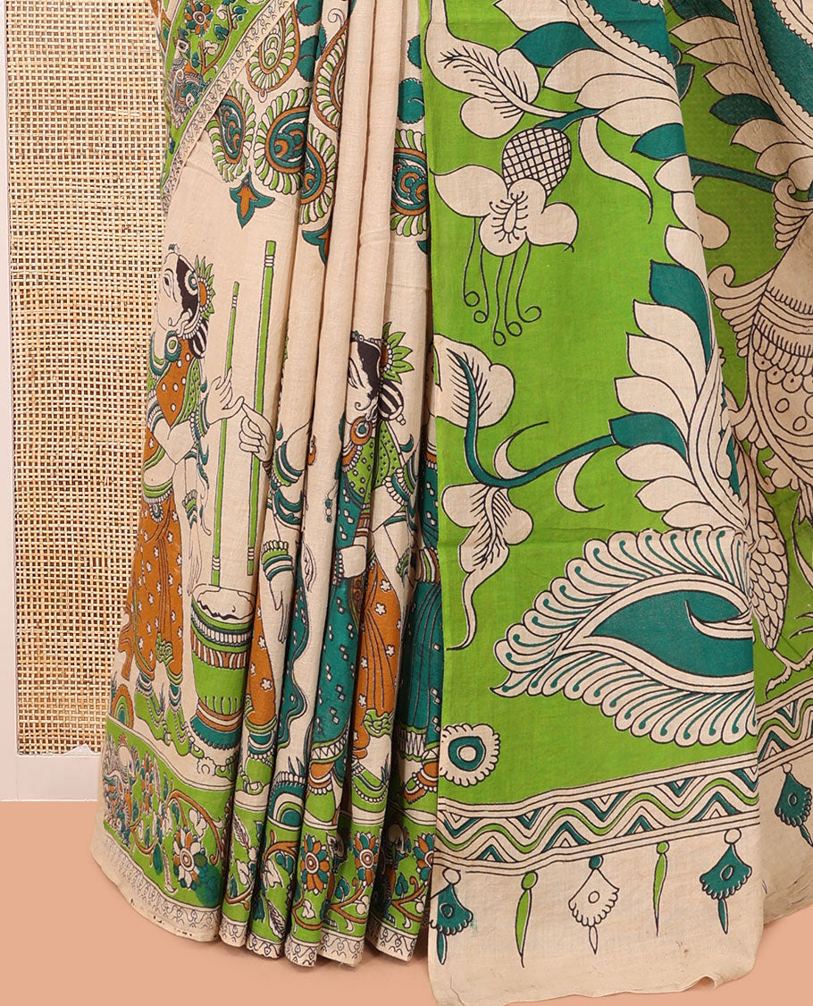 Sandal Kalamkari Cotton Saree, Accentuated with Ancient Human Motif Print, Contrast Printed Border, Kalamkari Peacock Motifs Pallu, and a Matching Blouse