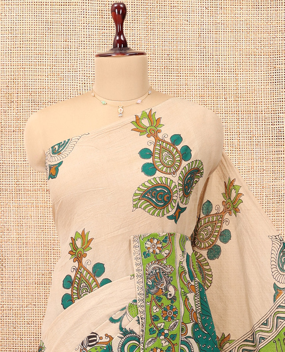 Sandal Kalamkari Cotton Saree, Accentuated with Ancient Human Motif Print, Contrast Printed Border, Kalamkari Peacock Motifs Pallu, and a Matching Blouse