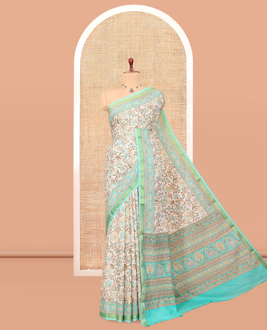 Off-White Base Printed Silk Saree, Finely Crafted with Floral Vine Print, a Contrast Floral Printed Zari Border, Floral Printed Pallu, and a Contrast Blouse