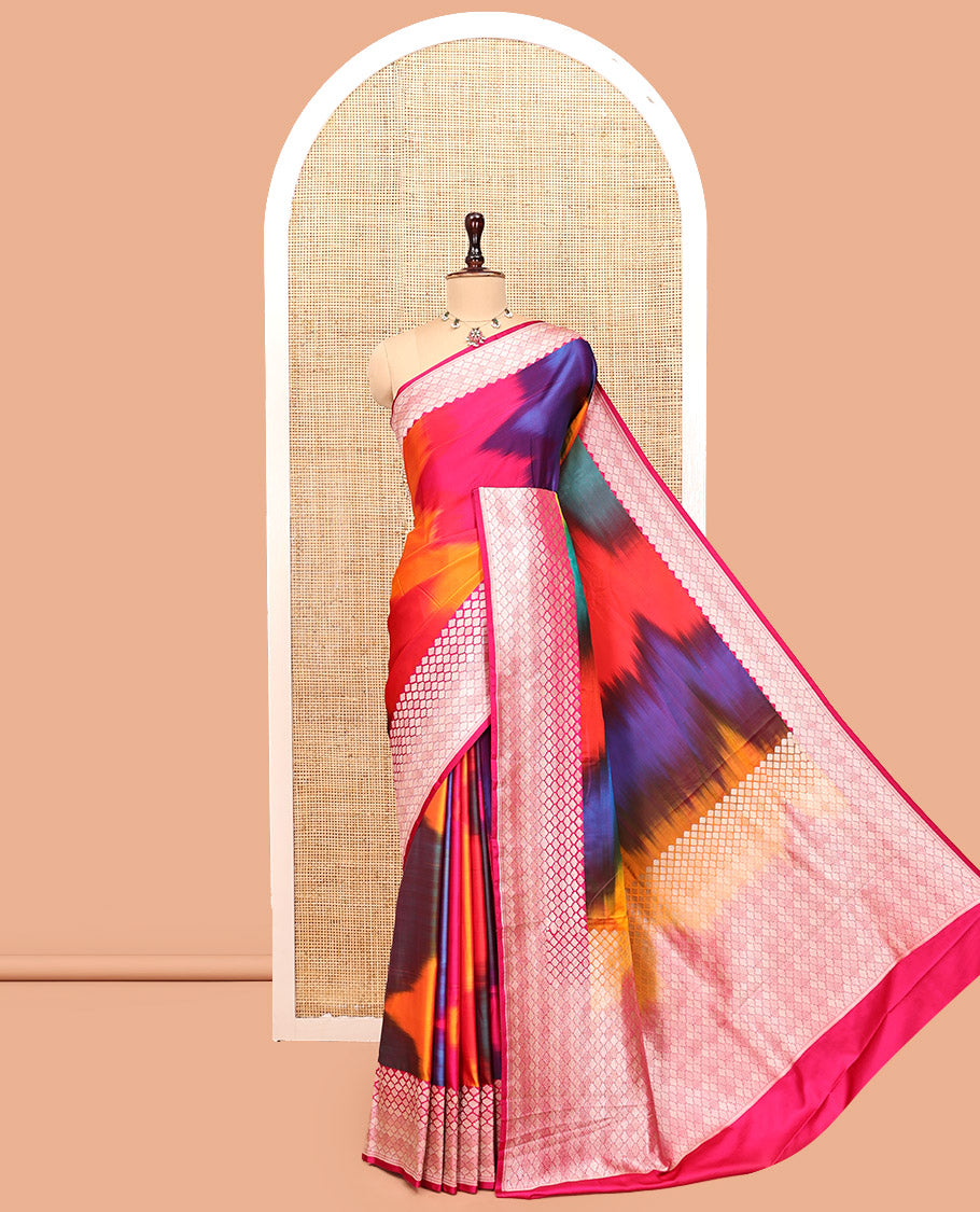 Pink-Multi-Color Mushru Silk Saree with Pochampally Weave, a Contrast Ogee Border, Grand Ogee-Patterned Pallu, and Contrast Blouse