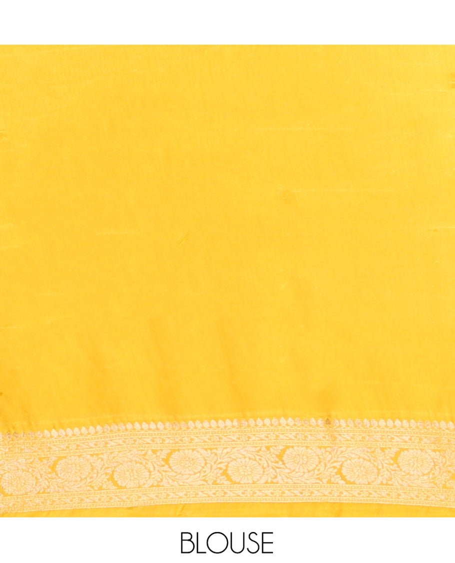 Mustard Fancy Crepe Saree, Adorned with Buttas, Complemented by a Contrast Floral Creeper Border, Intricately Designed Pallu, and a Contrast Blouse