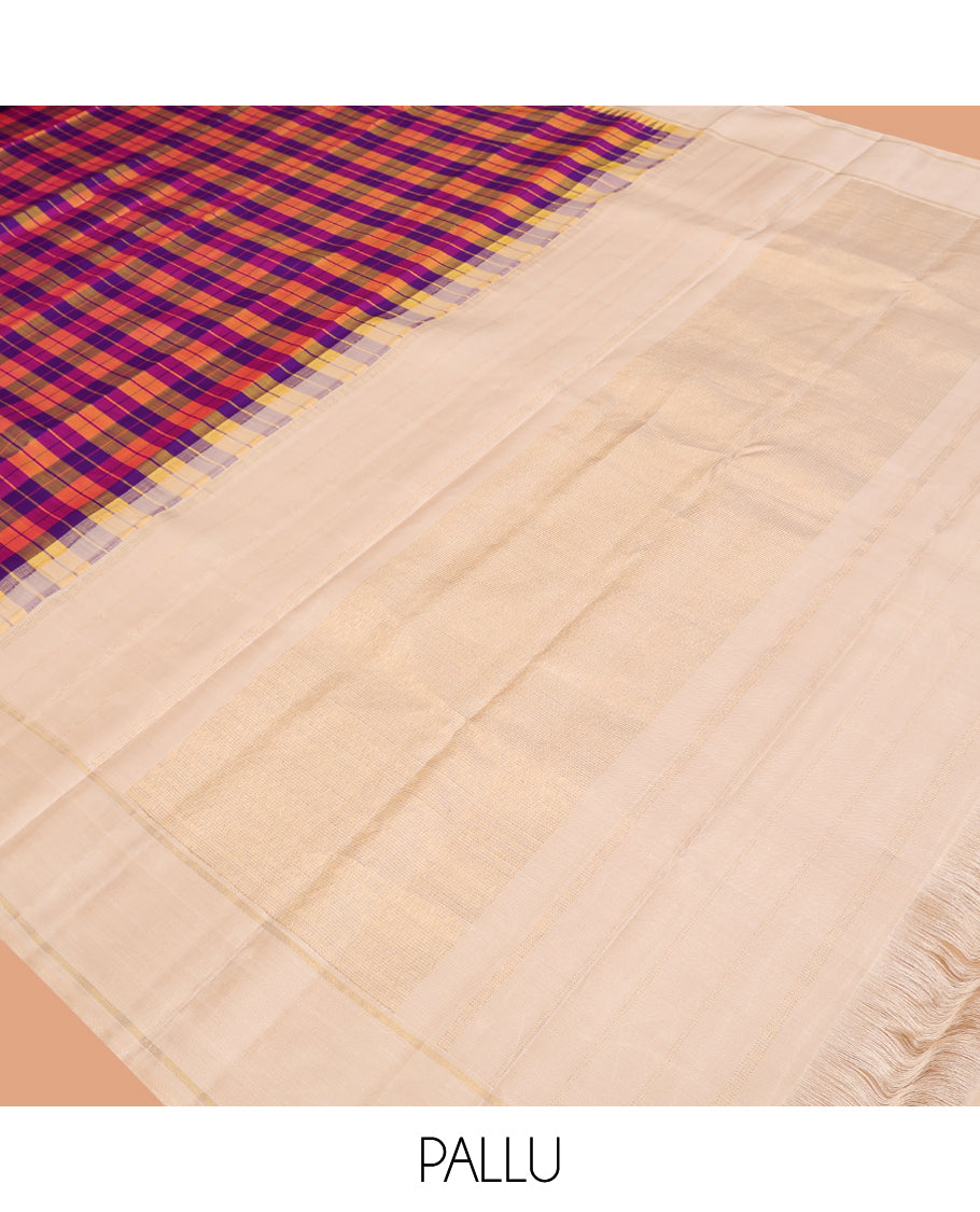Multi-Color Checked Kanchipuram Silk Saree, Complemented by a Contrast Bodi Thazampoo Rekku Border, Zari Striped Pallu, and a Contrast Blouse
