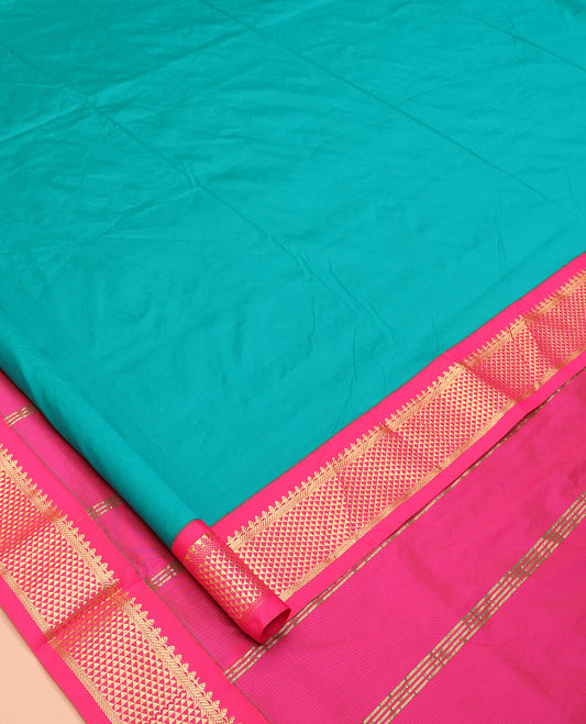 Blue Plain Art-Silk Nine Yard Saree, a Contrast Traditional Zari Border, a Pallu of Stripes, and No Blouse