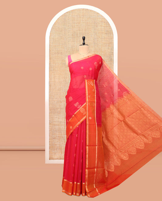 Pink Silk Cotton Saree, Mesmerized with Zari Buttas, a Contrast Floral Creeper Border, Floral Pallu, and a Contrast Blouse