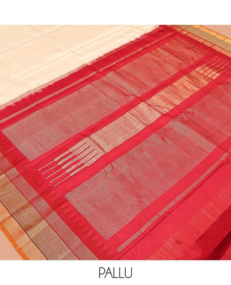 Cream-Striped Bangalore Silk Saree, Complemented by a Contrast Temple Geometric Border, Pallu of Temple and Neli Designs, and a Contrast Blouse