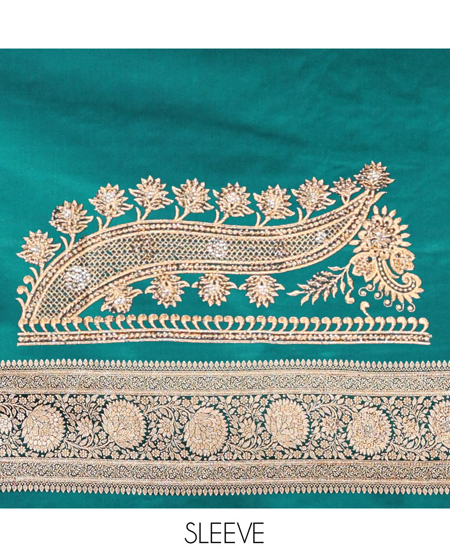 Green Banarasi Satin Saree, Embellished with Floral Jaal Jacquard, a Floral Creeper Border, Intricate Stonework Pallu, and a Matching Blouse