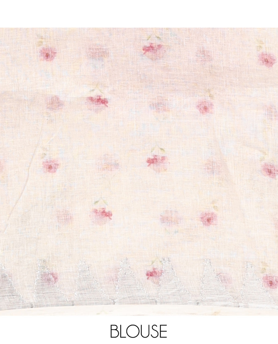 Cream-Base Linen Saree, Highlighted by Floral-Themed Paint Splashes, Hand-Brush Painted All Over Its Body, Sparsely Woven Temple Border, and Paired with a Matching Blouse