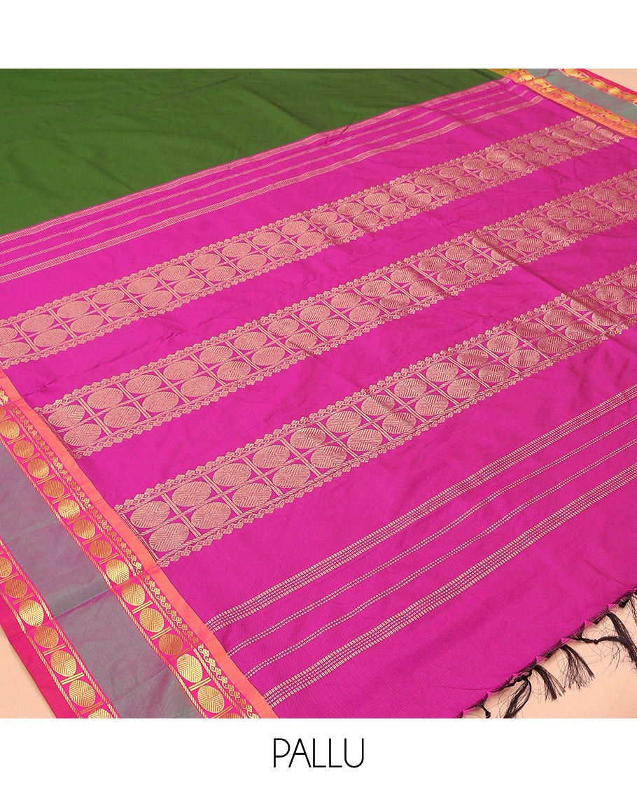 Green Plain Ten Yard Saree, Complemented by a Contrast Rettai Pettu Rudraksham Border, Contrast Pallu of Stripes, and No Blouse