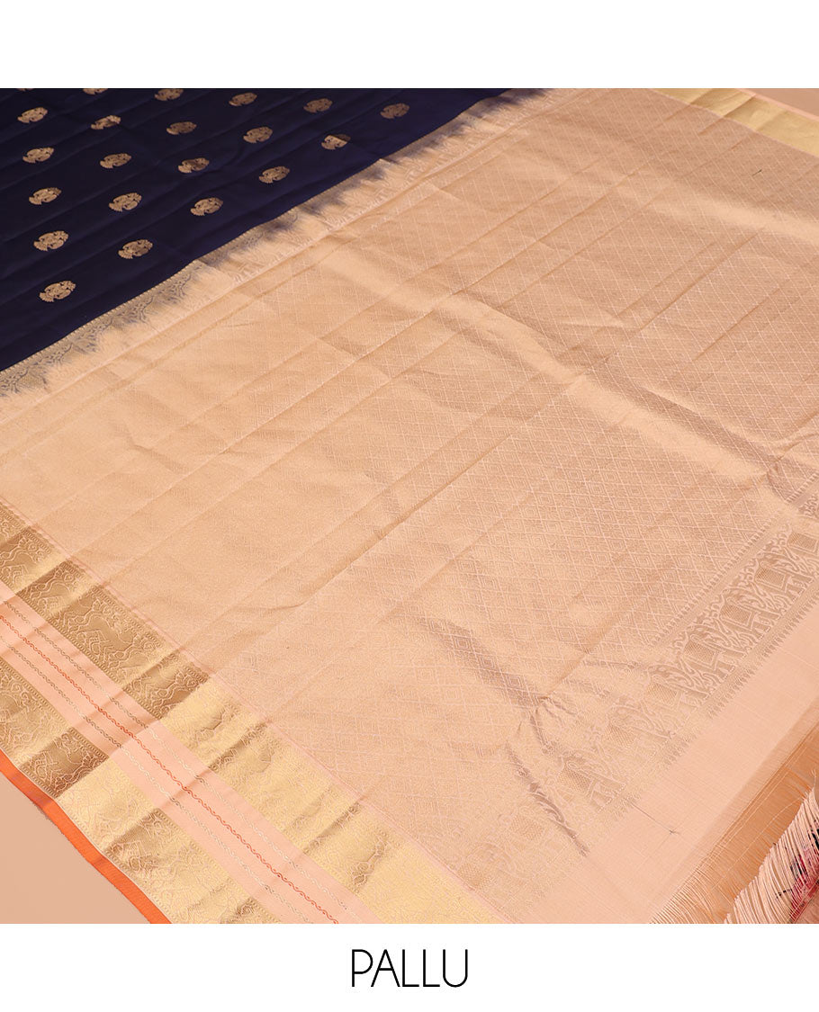 Blue Vasundhara Silk Saree, Woven with Iruthalai Pakshi Buttas, a Contrast Border of Yaali Designs, a Subtly Sparkled Jaal Pallu, and a Contrast Blouse