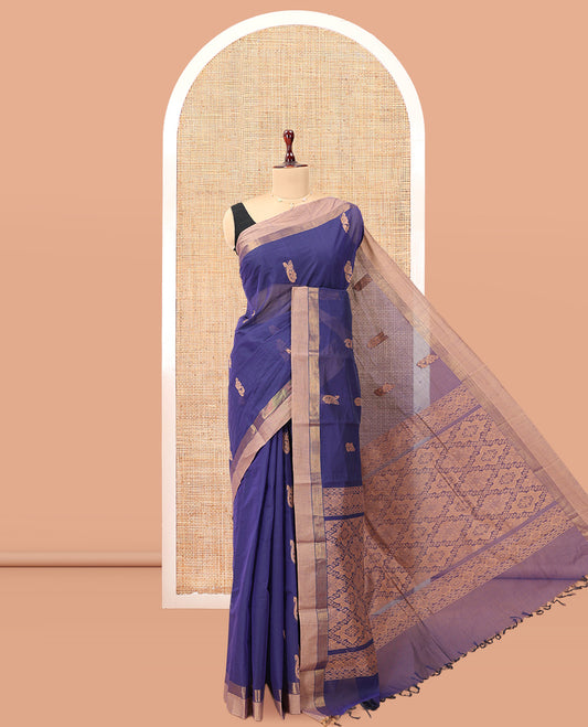 Ink Blue Kanchi Cotton Saree, Woven with Thread Buttas, a Contrast Border, Pallu of Intricate Design, and a Matching Blouse