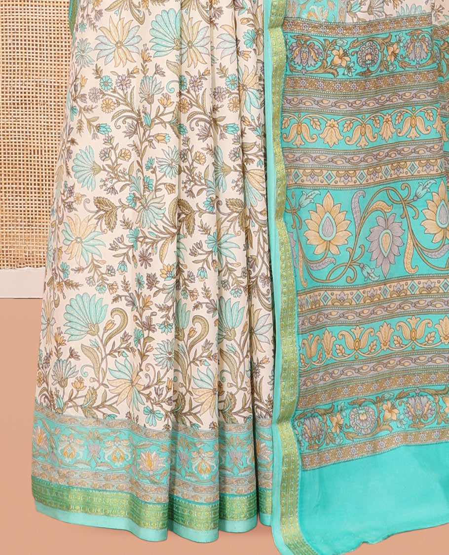 Off-White Base Printed Silk Saree, Finely Crafted with Floral Vine Print, a Contrast Floral Printed Zari Border, Floral Printed Pallu, and a Contrast Blouse