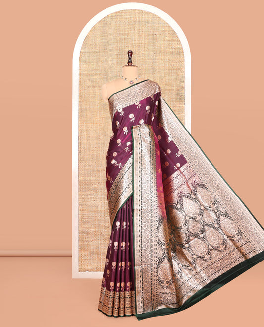 Purple Banarasi Nylon Saree, Ornamented with Floral Buttas, Contrast Floral Creeper Zari Border, Intricate Pallu, and a Contrast Blouse