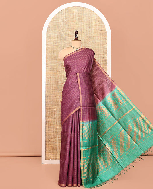 Brown Tussar Silk Saree, Woven with Checks, a Zari Piping Border, Contrast Zari Striped Pallu, and Contrast Blouse