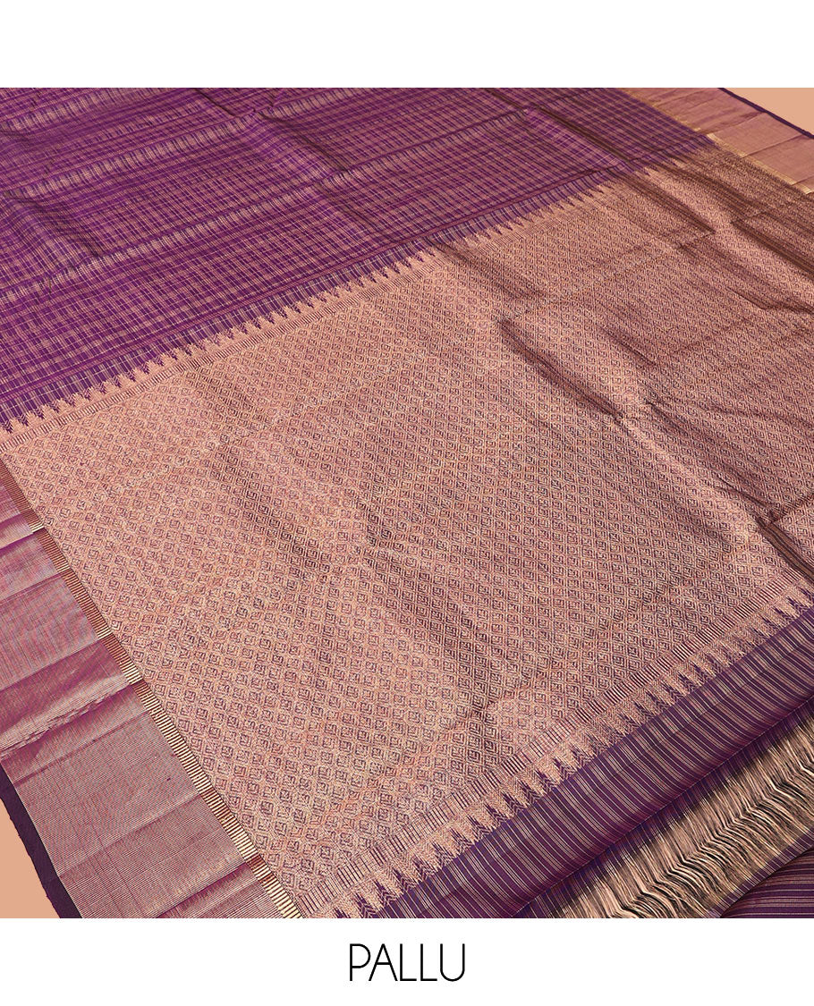 Purple Checked Kanchipuram Silk Saree, Highlighted by a Zari Border, Grand Jaal Pallu, and Matching Blouse
