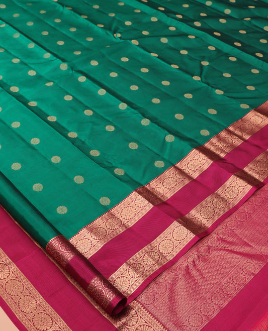 Yellow Vasundhara Lite Silk Mix Saree, Embellished with Chakram Buttas, a Contrast Rettai Pettu Border of Rekku, Neli, and Chakram Designs, Traditional Pallu, and a Contrast Blouse