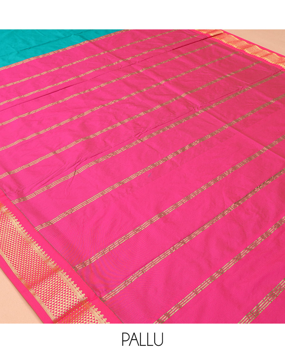 Blue Plain Art-Silk Nine Yard Saree, a Contrast Traditional Zari Border, a Pallu of Stripes, and No Blouse