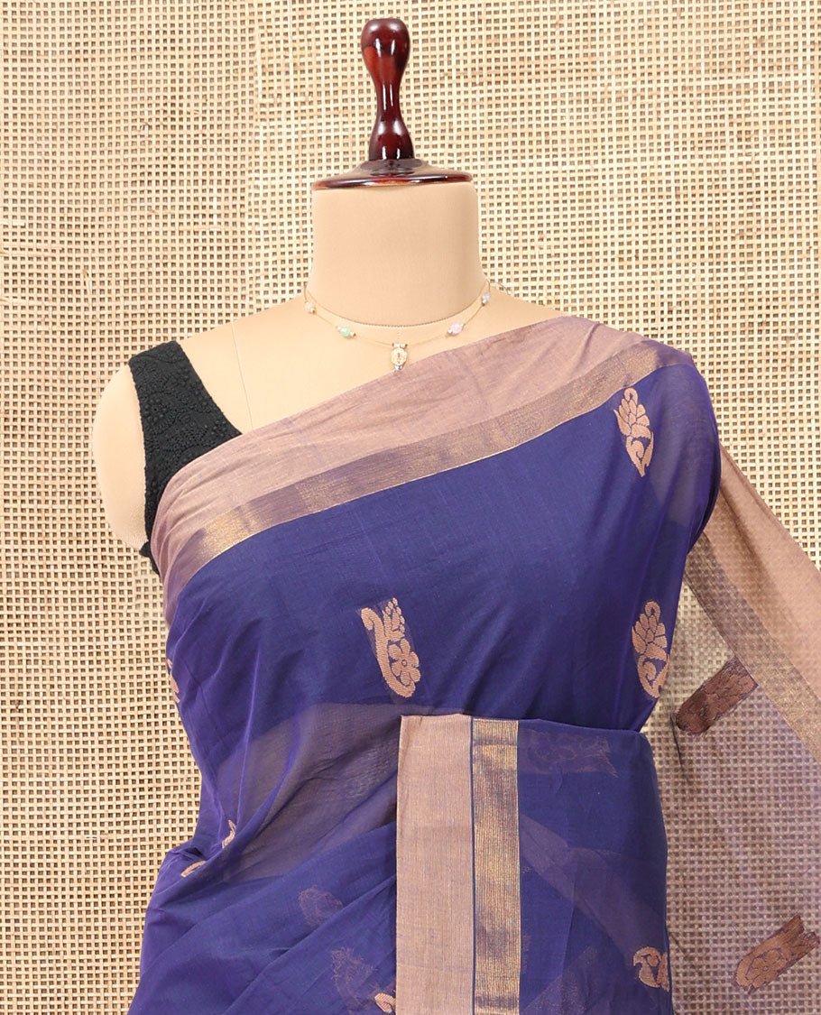 Ink Blue Kanchi Cotton Saree, Woven with Thread Buttas, a Contrast Border, Pallu of Intricate Design, and a Matching Blouse