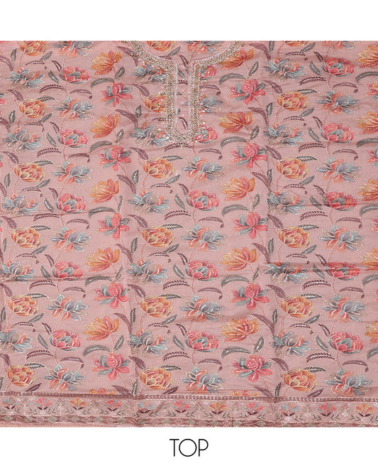 Pink Material Chudidar Set, Boldly Accentuated with Floral Print, and Outline Embroidery on Organza Top, a Plain Santoon Bottom, and Paired with a Floral Vine Sequins Embroidered Organza Dupatta