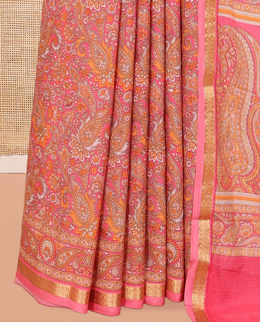 Pink Printed Silk Saree, Decked Up with Floral-Paisley Print, a Traditional Zari Border, Paisleys Pallu, and a Matching Blouse